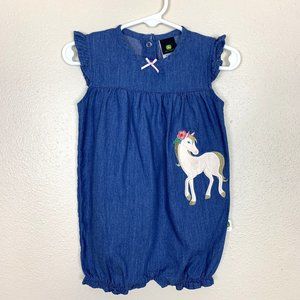 John Deere Girls Chambray Denim Romper Horse Applique Pink Bow Ruffle 9-12 month